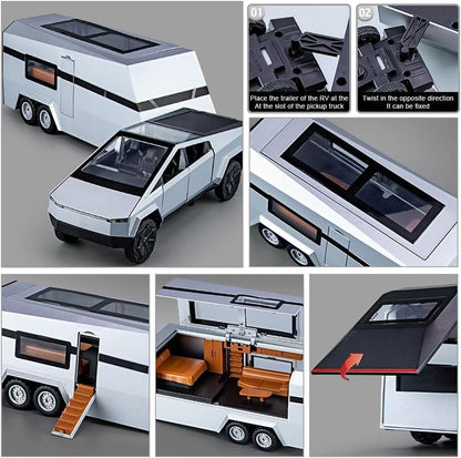 1/32 Tesla Pickup Trailer RV Model Kit, Off-Road Vehicle Alloy,Car Model Diecast Metal Toy,Truck Model Simulation Sound Light,Gifts for boy Girl.