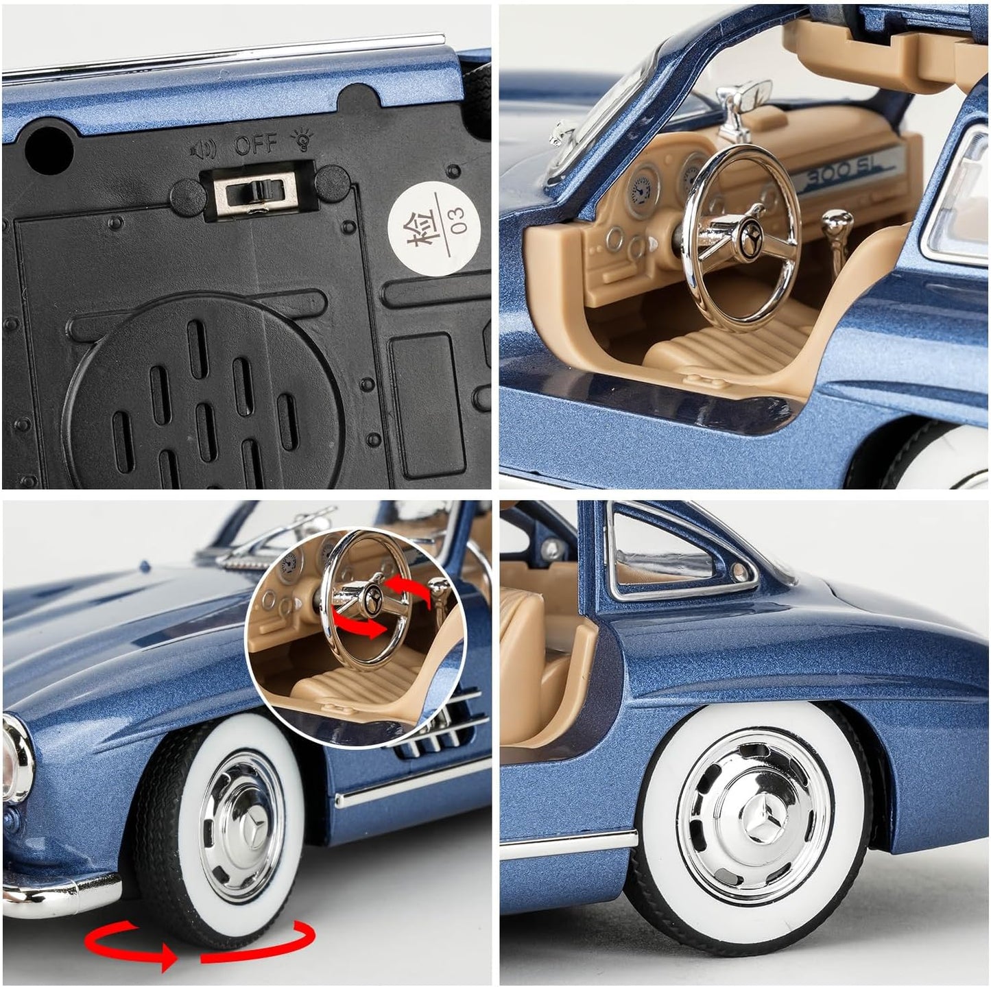 Benz 300 SL Classic Cars Model Car, Zinc Alloy Pull Back Toy car with Sound and Light for Kids Boy Girl Gift