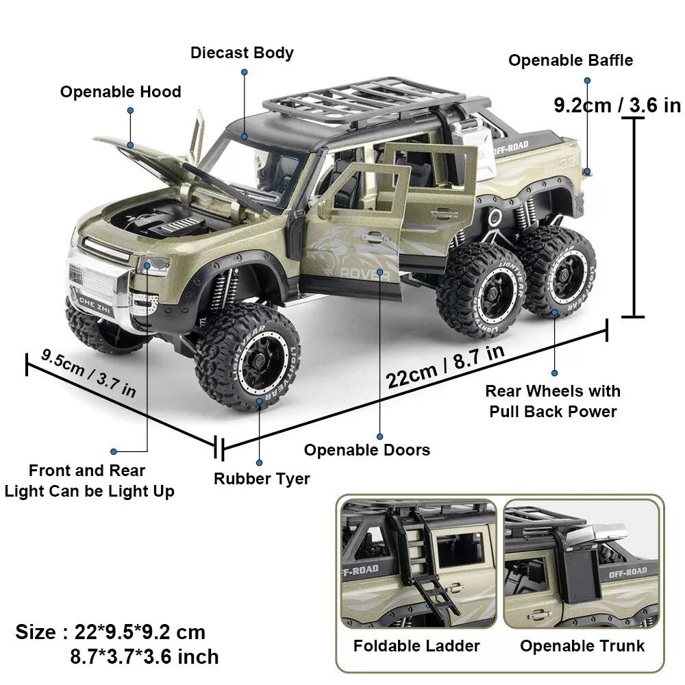 Arniyavala 1:24 Land Rover Defender 6X6 Pickup Truck Model Car Toy Collection with Sound & Light